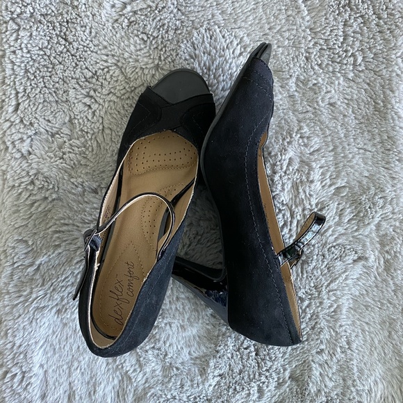 Dexflex Comfort Open Toe Black Tan High Heels - Picture 11 of 14